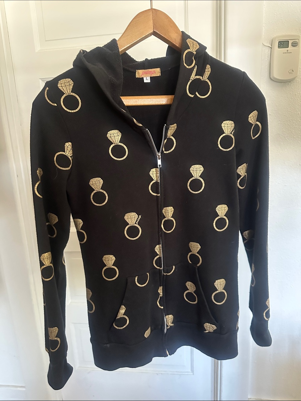 Y2K rare Black Zip Hoodie Sweater with Gold Engagement Ring Motif